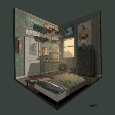 Cozy, dimly lit bedroom with vintage posters and a simple bed setup.