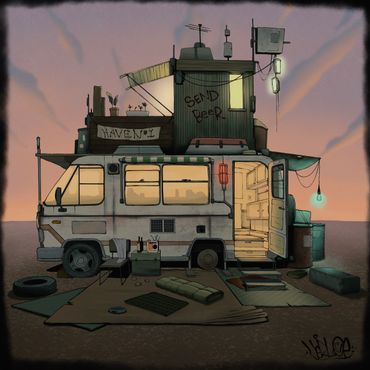 A creatively modified camper van at sunset with a cozy interior and rooftop setup.