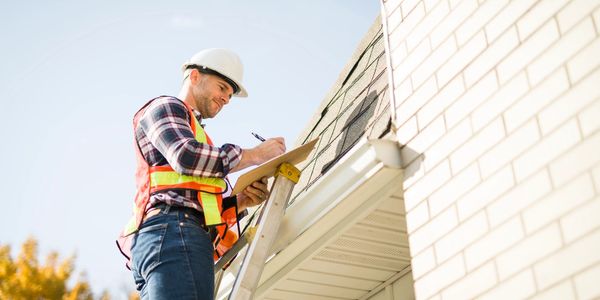 Construction worker inspecting and taking notes on a roof.
