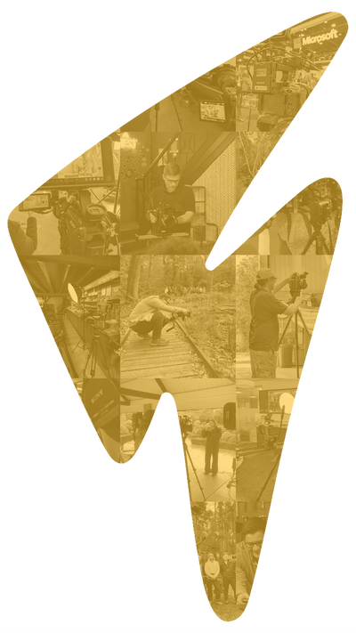 Collage of videography scenes shaped like a stylized camera icon.