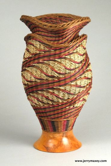 handmade dyed rattan basket reed seagrass  turned wood fiber art sculpture interior design decorator