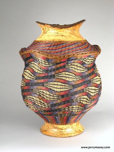handmade dyed rattan basket reed seagrass  turned wood fiber art sculpture interior design decorator