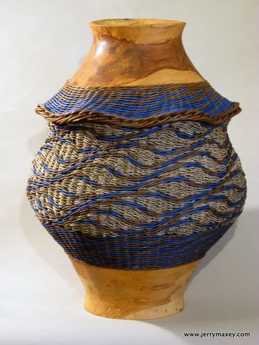 handmade dyed rattan basket reed seagrass  turned wood fiber art sculpture interior design decorator