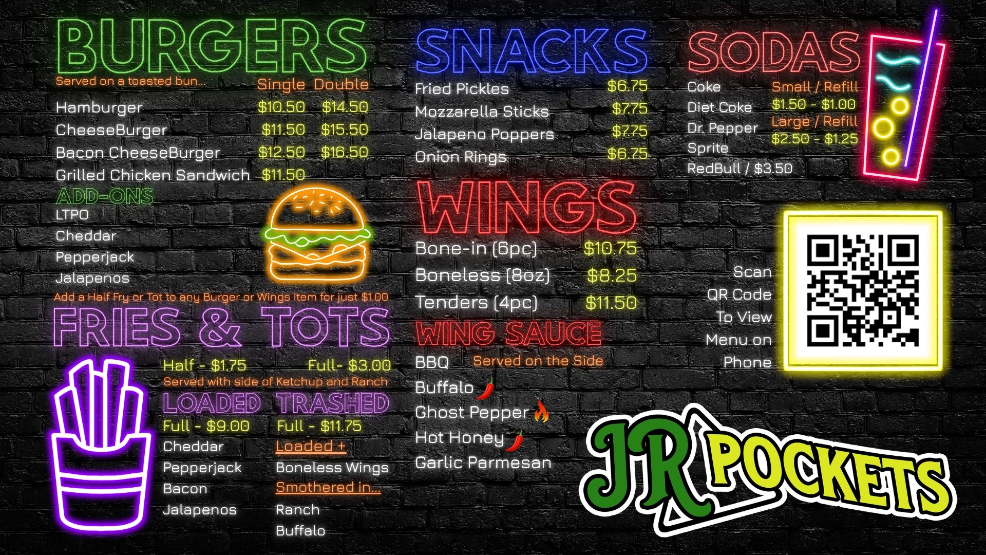 Neon-lit fast food menu featuring burgers, wings, snacks, sodas, fries, and sauces with prices and QR code.