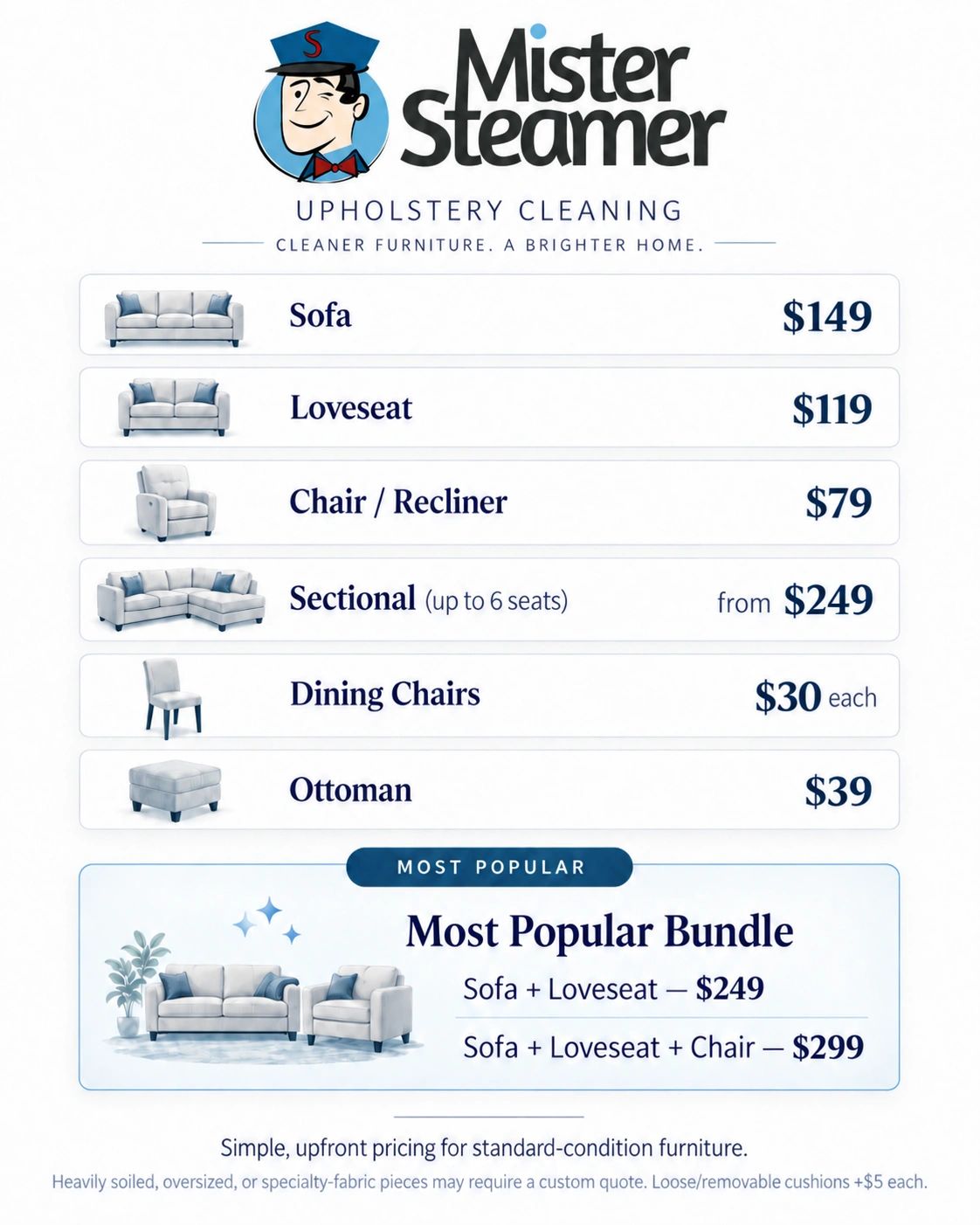 Windsor-Essex upholstery cleaning pricing for a mid-tier priced service provider.