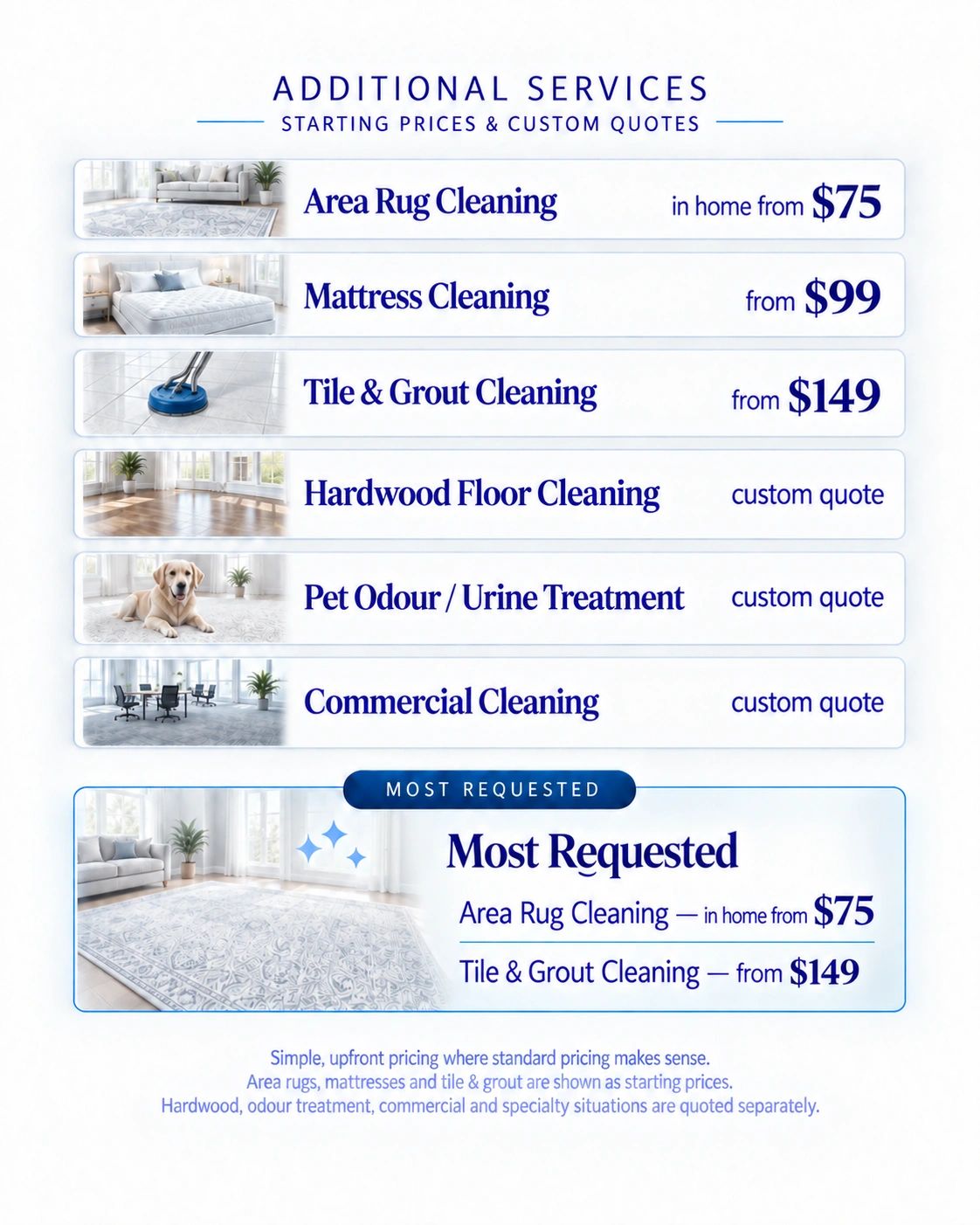 List of additional cleaning services with starting prices and custom quotes.