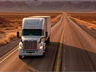 A semi-truck driving on a long desert highway.
