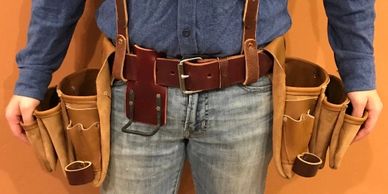leather tool belt suspension rig with suspenders, pouches, hammer holder, tape holder, speed square
