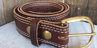 leather belts thick and stitched brass or silver buckles, durable brown and black, changeable buckle