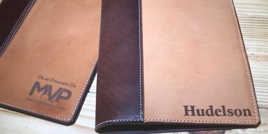 leather two tone portfolio from bridle leather with card holder, pen holder and paper pad with pen