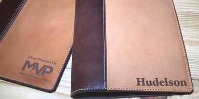 leather two tone portfolio from bridle leather with card holder, pen holder and paper pad with pen