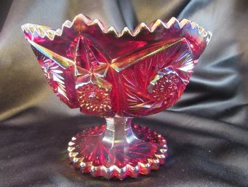 This is a beautiful L.E. Smith footed bowl.  The color is ruby carnival.  The design is pinwheels an