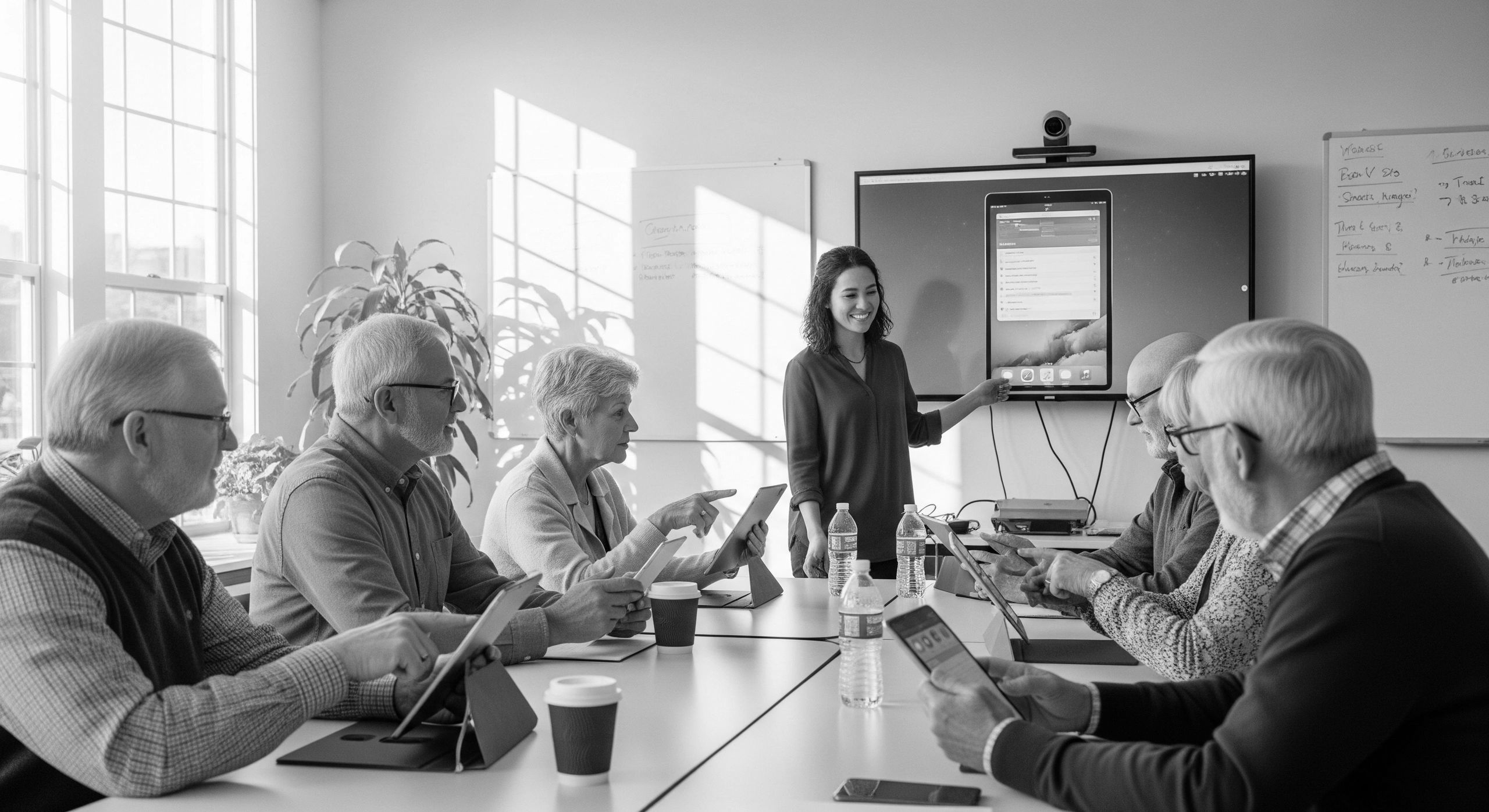 Groupe de personnes de 50 ans et plus participant à une formation sur les technologies