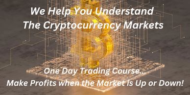 Digital Bitcoin symbol with text promoting a cryptocurrency trading course.