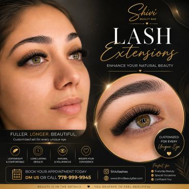 Elegant lash extension advertisement showcasing natural beauty enhancement.