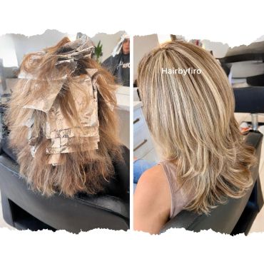 Before and after hair highlighting and styling transformation.