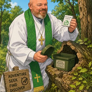 A pastor holding a geocache container in the forest.