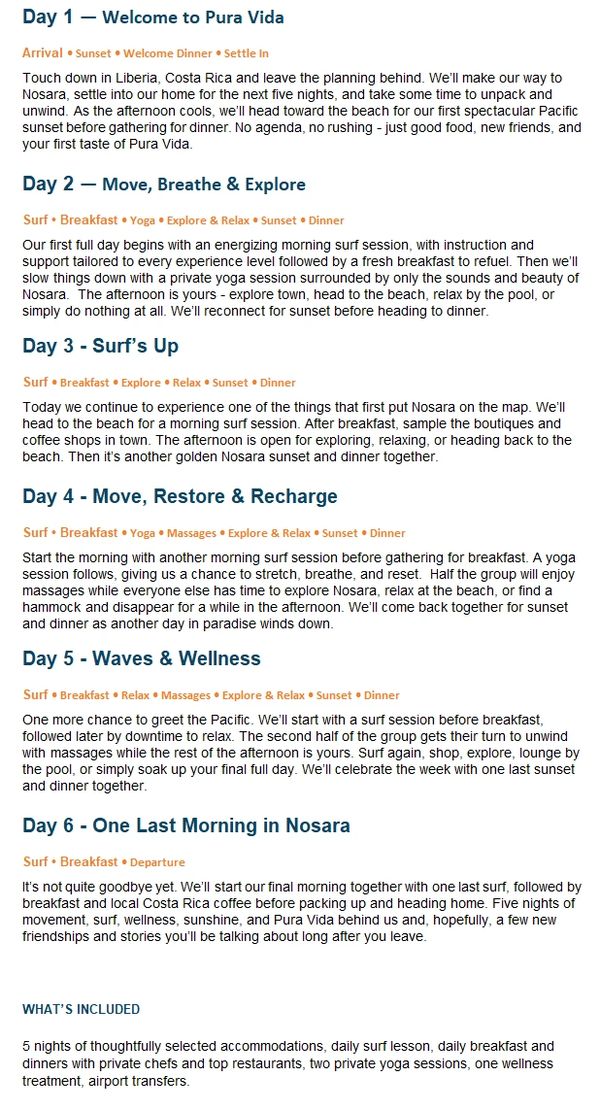 Itinerary for a 6-day surf and wellness retreat in Nosara, Costa Rica.