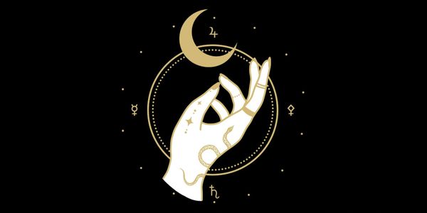 A mystical hand with celestial symbols and a crescent moon on a black background.