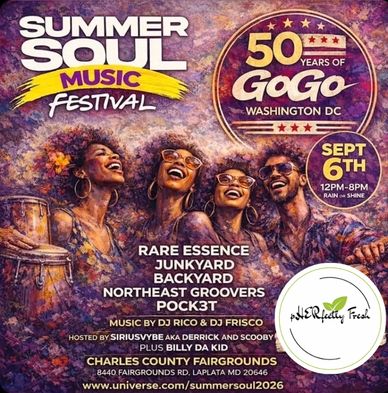 Colorful poster for Summer Soul Music Festival celebrating 50 years of GoGo in Washington DC.
