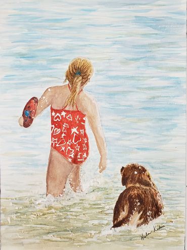 Frisbee Fetch at the Beach, 2021 [8x10 watercolor]