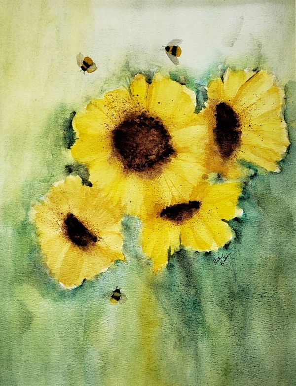 Sunflowers and Bees, 2021 [12x16 Watercolor] 