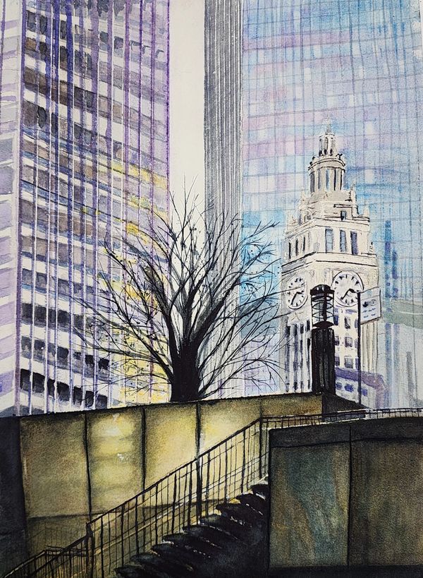 Chicago Riverwalk Stairs,  [11x15 Watercolor]    # 24-276