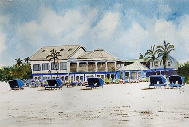 Junkanoo Beach Cabanas , 2024 Watercolor [12x9 - Framed 17x15]   # 24-271 SOLD 