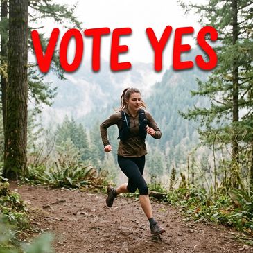 Woman trail running in forest with 'VOTE YES' text.