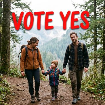 Family hiking with a 'VOTE YES' message.