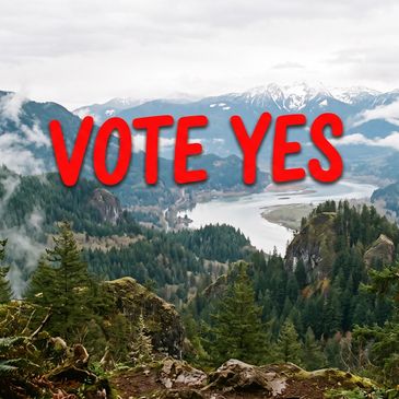 Scenic mountain view with 'VOTE YES' text overlay.