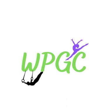 Logo with green WPGC letters and gymnasts in black and purple.