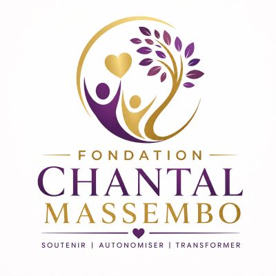 Logo doré et violet de la Fondation Chantal Massebo avec deux figures humaines et un arbre.