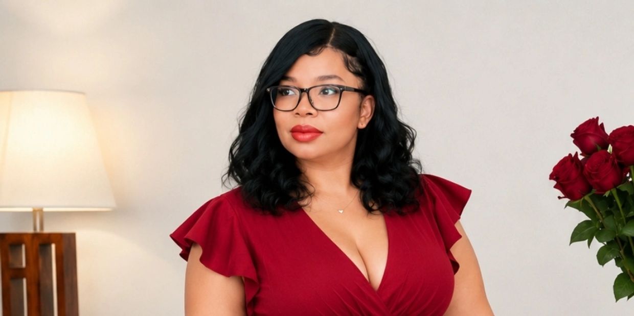 Femme en robe rouge avec lunettes et roses rouges en arrière-plan.