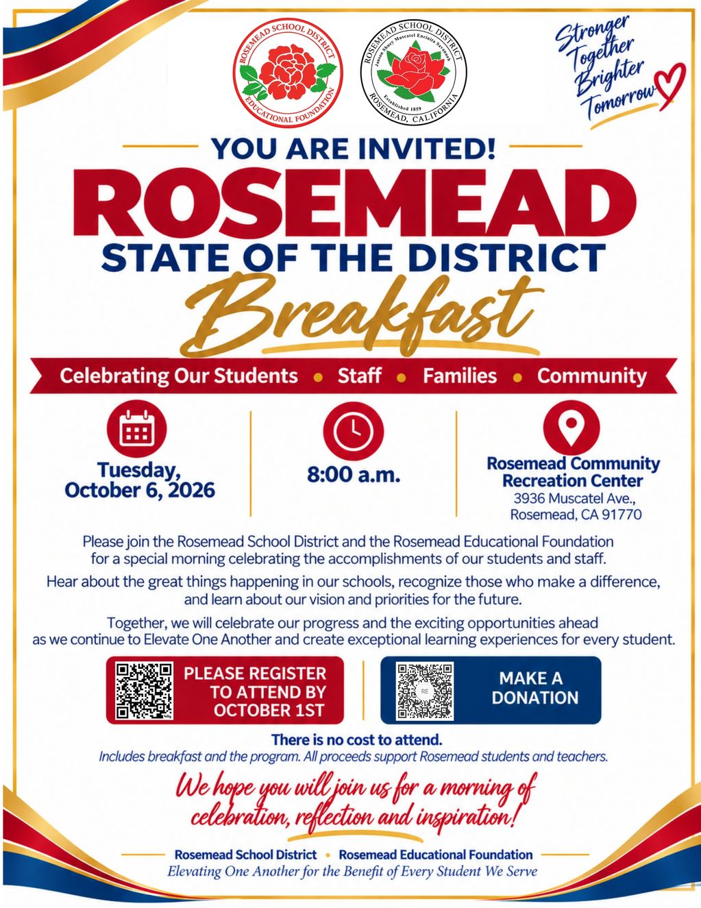 Invitation to Rosemead State of the District Breakfast on October 6, 2026.