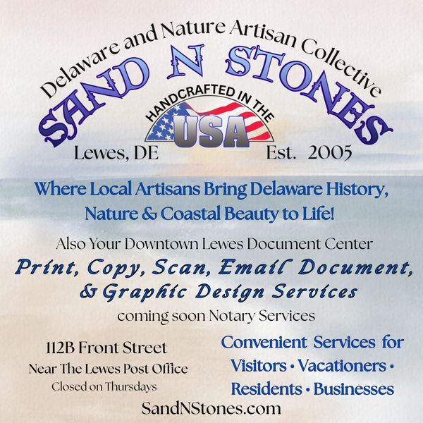 Advertisement for Sand N Stones artisan and document services in Lewes, DE.