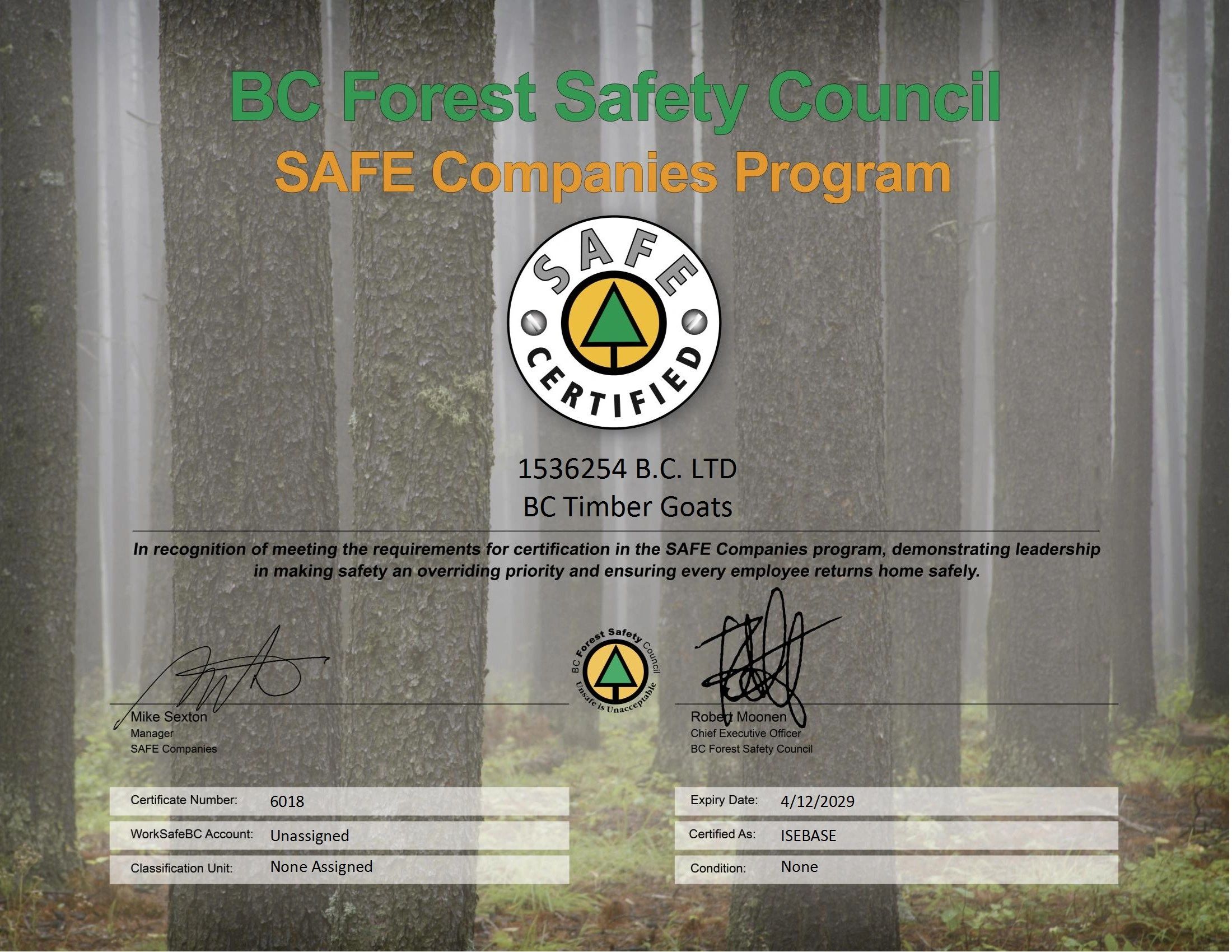 Certificate from BC Forest Safety Council for BC Timber Goats in the SAFE Companies Program.