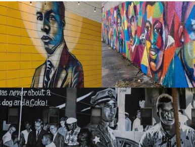 Collage of colorful and black-and-white urban murals.