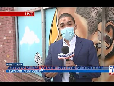 Reporter covering mural vandalism at Lake Shore, Duval County.