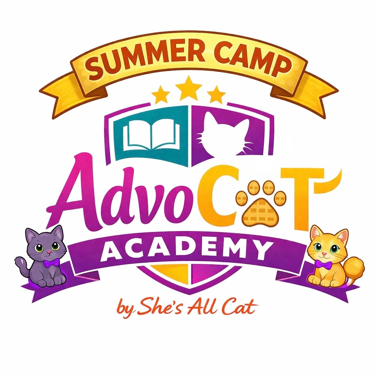 Colorful logo for AdvoCat Academy summer camp featuring cats and books.