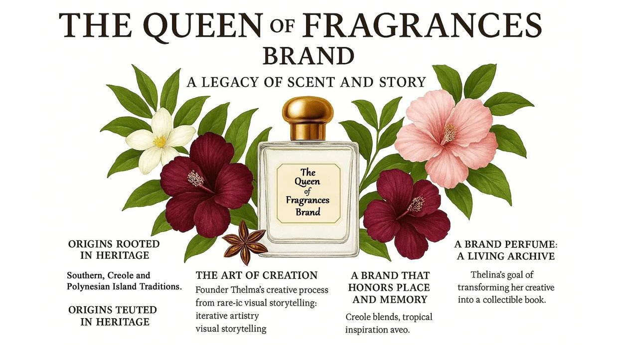 The Queen of Fragrances Brand with floral elements and heritage story.