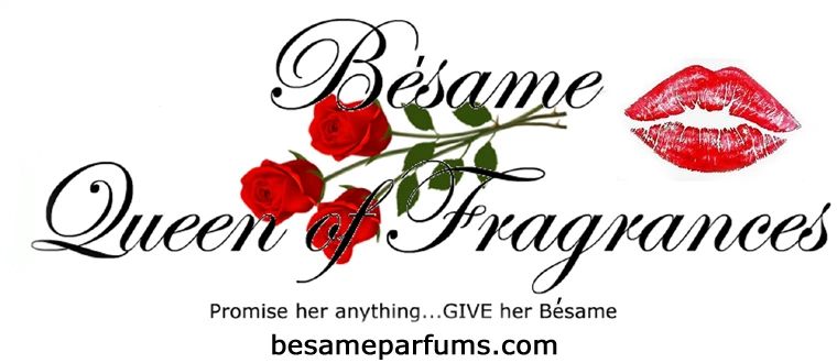 Bésame Queen of Fragrances perfume advertisement with roses and a lipstick kiss.