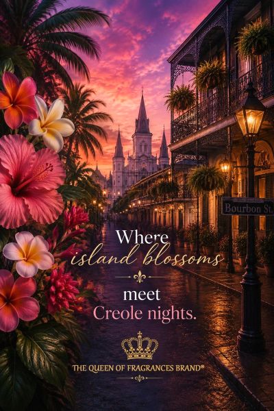 A vibrant sunset on Bourbon Street blending island flowers with Creole charm.