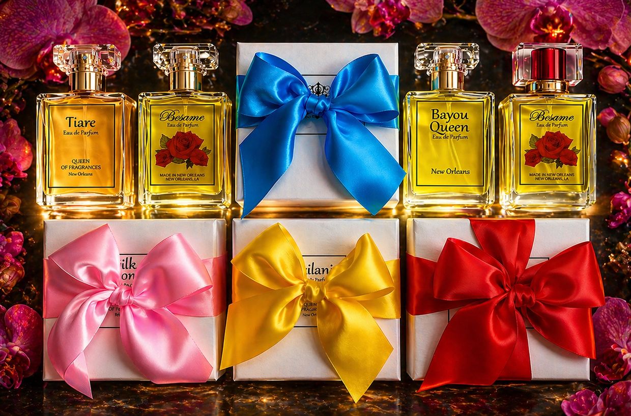Perfume bottles and gift boxes with colorful bows on a floral background.