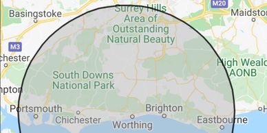 Map of Hampshire showing Oven Detailing service area including Portsmouth, Winchester, and Eastleigh