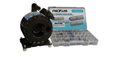 Hydraulic crimping die set with organized storage box and black crimping tool.
