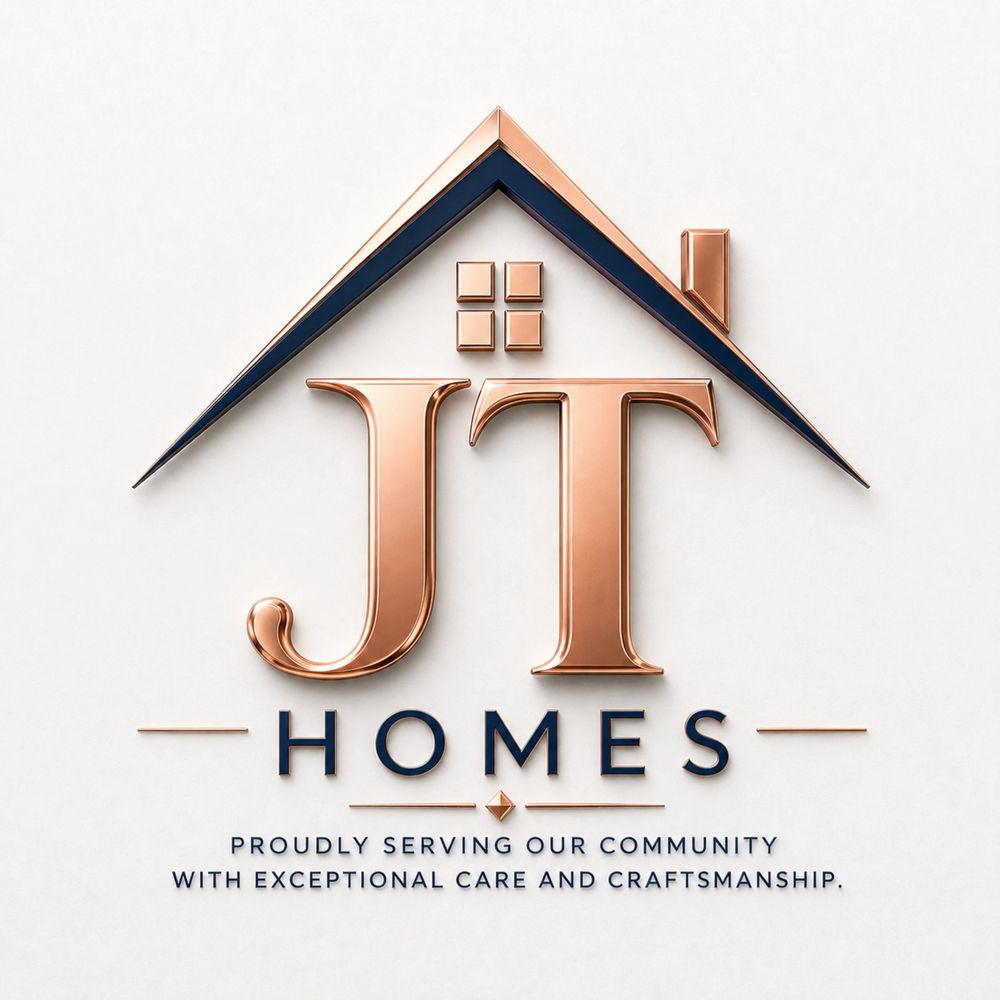 Elegant JT Homes logo with a house roof and chimney design in rose gold and navy.