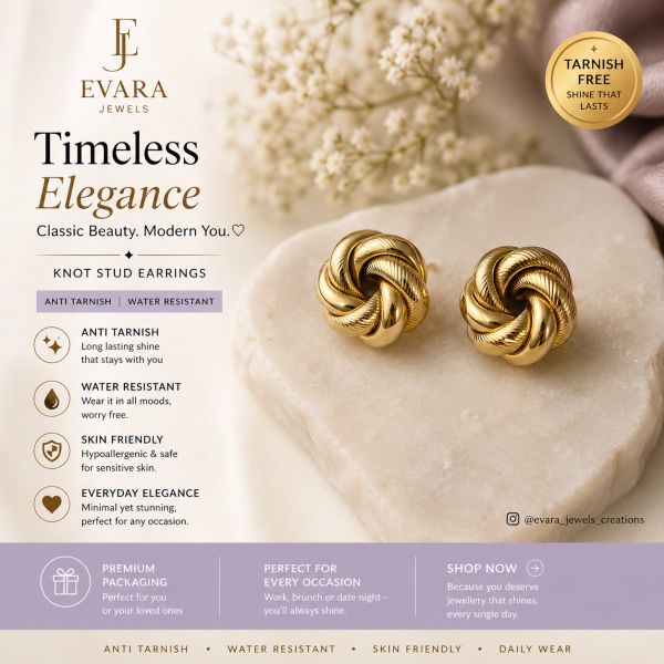 Elegant gold knot stud earrings with anti-tarnish and water-resistant features.