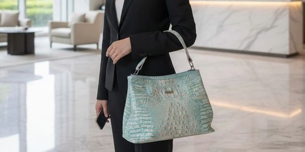 Person holding a light blue designer handbag in a modern indoor setting.