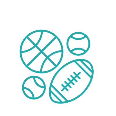 Illustration of four different sports balls in teal color.